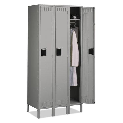 Single-Tier Locker with Legs, Three Lockers with Hat Shelves and Coat Rods, 36w x 18d x 78h, Medium Gray. Picture 1