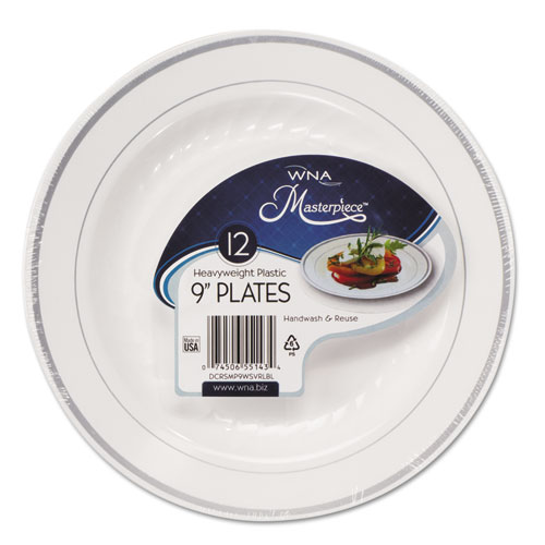 Masterpiece Plastic Dinnerware, 9" dia, White/Silver, 10/Pack. Picture 1
