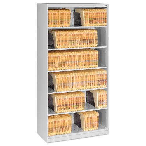 Fixed Shelf Open-Format Lateral File for End-Tab Folders, 6 Legal/Letter File Shelves, Light Gray, 36" x 16.5" x 75.25". Picture 1