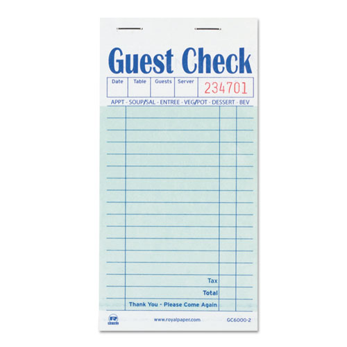 Guest Check Pad, 17 Lines, Two-Part Carbon, 3.5 x 6.7, 50 Forms/Pad, 50 Pads/Carton. Picture 1