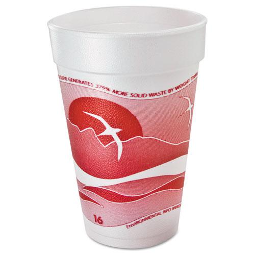 Horizon Hot/Cold Foam Drinking Cups, 16 oz, Printed, Cranberry/White, 25/Bag, 40 Bags/Carton. Picture 1