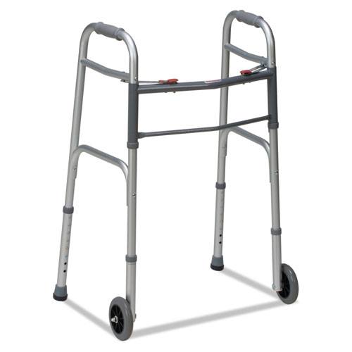 Two-Button Release Folding Walker with Wheels, Silver/Gray, Aluminum, 32-38"H. Picture 1