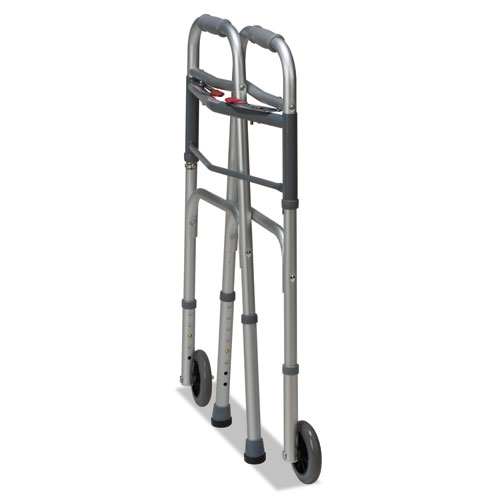 Two-Button Release Folding Walker with Wheels, Silver/Gray, Aluminum, 32-38"H. Picture 2