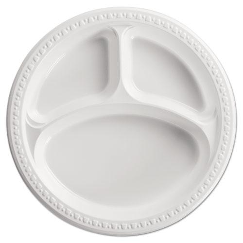 Heavyweight Plastic 3-Compartment Plates, 10.25" dia, White, 125/Pack, 4 Packs/Carton. Picture 1
