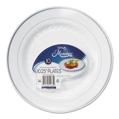 Masterpiece Plastic Plates, 10.25" dia, White with Silver Accents, Round, 10/Pack, 12 Packs/Carton. Picture 1