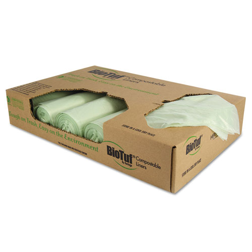 Biotuf Compostable Can Liners, 48 gal, 1 mil, 42" x 48", Green, 20 Bags/Roll, 5 Rolls/Carton. Picture 1