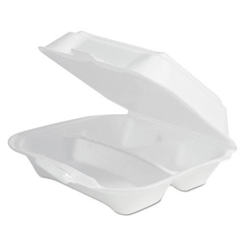 Double-Foam Food Containers, 8 x 8 x 3, White, 3-Compartment, 2/Carton. Picture 1