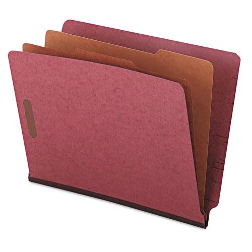 Red Pressboard End Tab Classification Folders, 2" Expansion, 2 Dividers, 6 Fasteners, Letter Size, Red Exterior, 10/Box. Picture 6