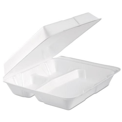 Foam Hinged Lid Container, 3-Compartment, 9.3 x 9.5 x 3, White, 100/Bag, 2 Bag/Carton. Picture 1