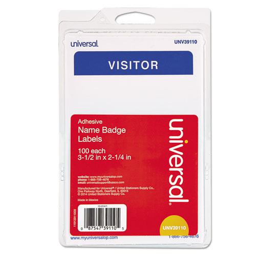 "Visitor" Self-Adhesive Name Badges, 3 1/2 x 2 1/4, White/Blue, 100/Pack. The main picture.