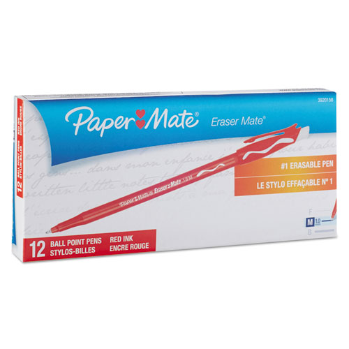 Eraser Mate Ballpoint Pen, Stick, Medium 1 mm, Red Ink, Red Barrel, Dozen. Picture 2