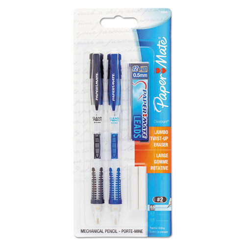 Clear Point Mechanical Pencils with Tube of Lead/Erasers, 0.5 mm, HB(#2), Black Lead, Randomly Assorted Barrel Colors, 2/Pack. Picture 1