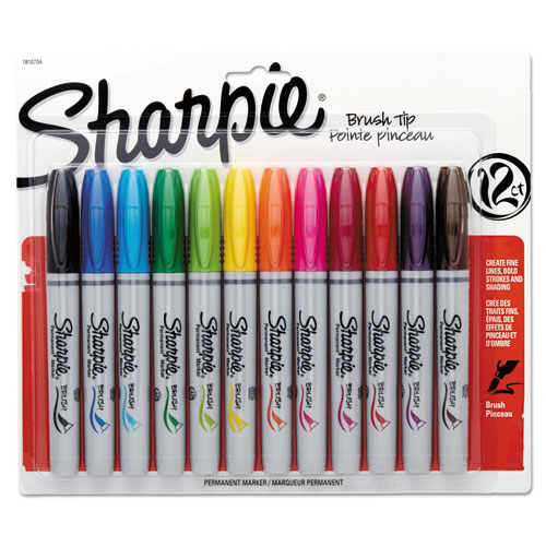Brush Tip Permanent Marker, Medium Brush Tip, Assorted Colors, 12/Set. Picture 1