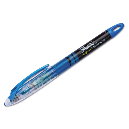 Liquid Pen Style Highlighters, Fluorescent Blue Ink, Chisel Tip, Blue/Black/Clear Barrel, Dozen. Picture 1
