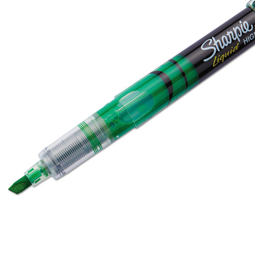 Liquid Pen Style Highlighters, Fluorescent Green Ink, Chisel Tip, Green/Black/Clear Barrel, Dozen. Picture 2
