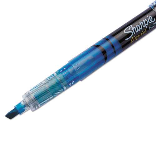 Liquid Pen Style Highlighters, Fluorescent Blue Ink, Chisel Tip, Blue/Black/Clear Barrel, Dozen. Picture 2