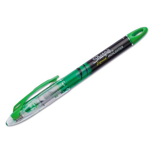 Liquid Pen Style Highlighters, Fluorescent Green Ink, Chisel Tip, Green/Black/Clear Barrel, Dozen. Picture 1