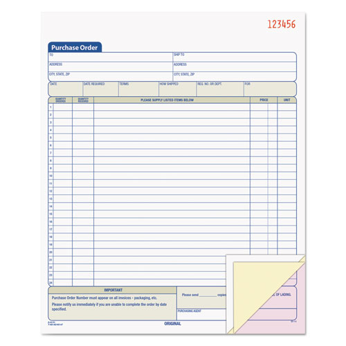 Purchase Order Book, 22 Lines, Three-Part Carbonless, 8.38 x 10.19, 50 Forms Total. Picture 1