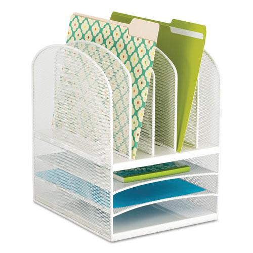 Onyx Mesh Desk Organizer with Five Vertical and Three Horizontal Sections, Letter Size Files, 11.5" x 9.5" x 13", White. Picture 1
