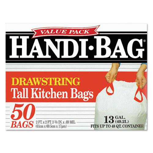 Drawstring Kitchen Bags, 13 gal, 0.6 mil, 24" x 27.4", White, 50 Bags/Box, 6 Boxes/Carton. Picture 2
