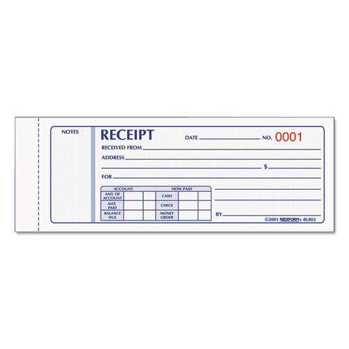 Receipt Book, Three-Part Carbonless, 7 x 2.75, 4 Forms/Sheet, 50 Forms Total. The main picture.