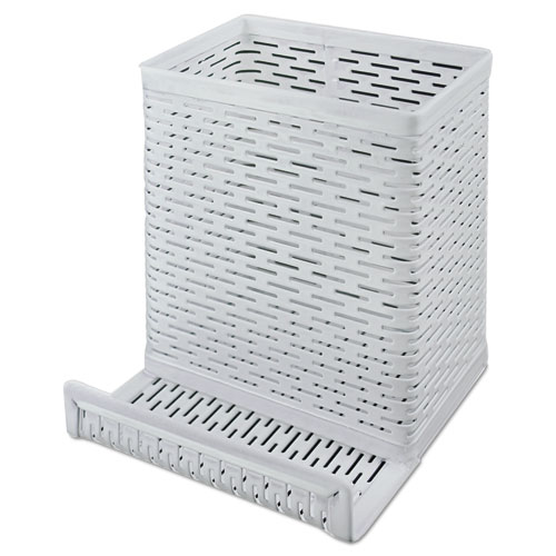 Urban Collection Punched Metal Pencil Cup/Cell Phone Stand, Perforated Steel, 3.5 x 3.5, White. Picture 1
