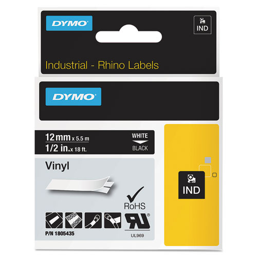 Rhino Permanent Vinyl Industrial Label Tape, 0.5" x 18 ft, Black/White Print. Picture 1