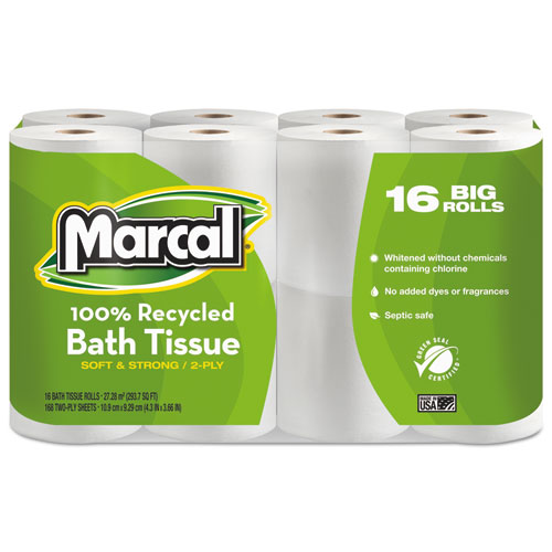 100% Recycled 2-Ply Bath Tissue, Septic Safe, White, 168 Sheets/Roll, 96 Rolls/Carton. Picture 1