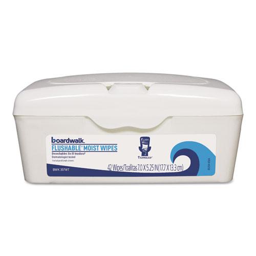 Flushable Moist Wipes, 5.25 x 7, Floral Scent, White, 42/Tub, 12 Tubs/Carton. Picture 1