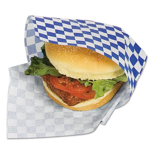 Grease-Resistant Paper Wraps and Liners, 12 x 12, Blue Check, 1,000/Box, 5 Boxes/Carton. The main picture.