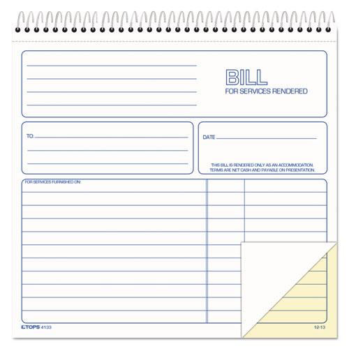 Bill for Services Rendered Book, Two-Part Carbonless, 8.5 x 7.75, 50 Forms Total. Picture 1