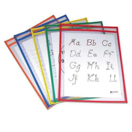 Reusable Dry Erase Pockets, 9 x 12, Assorted Primary Colors, 5/Pack. Picture 1