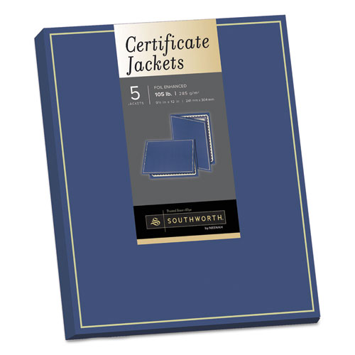 Certificate Jacket, Navy/Gold Border, 88-lb Felt Finish Stock, 12 x 9.5, 5/Pack. Picture 1