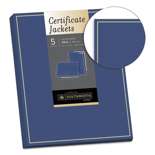 Certificate Jacket, Navy/Gold Border, 88-lb Felt Finish Stock, 12 x 9.5, 5/Pack. Picture 2