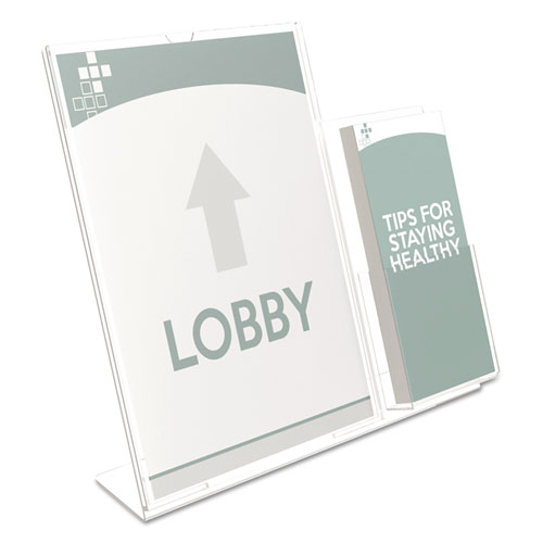 Superior Image Slanted Sign Holder with Side Pocket, 13.5w x 4.25d x 10.88h, Clear. Picture 7
