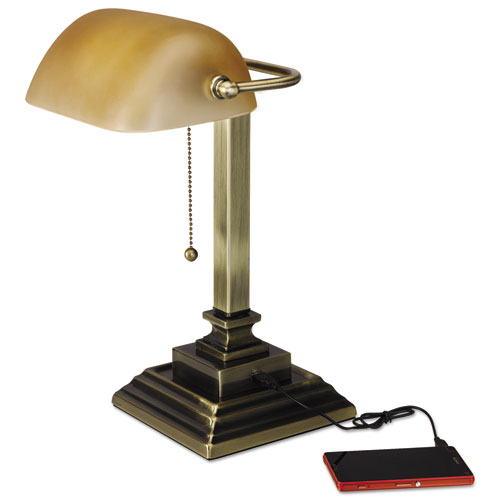 Traditional Banker's Lamp with USB, 10w x 10d x 15h, Antique Brass. Picture 1