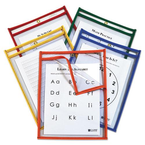 Reusable Dry Erase Pockets, Easy Load, 9 x 12, Assorted Primary Colors, 25/Pack. Picture 1