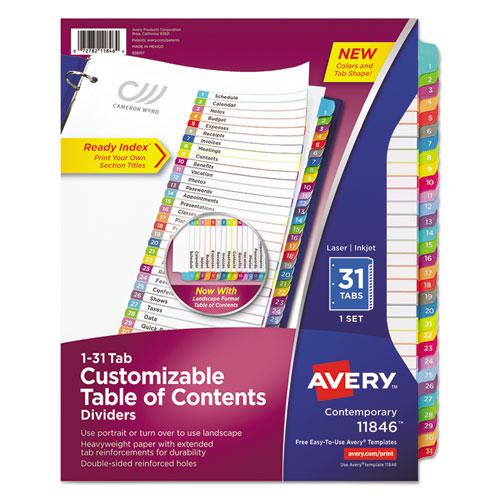 Customizable TOC Ready Index Multicolor Tab Dividers, 31-Tab, 1 to 31, 11 x 8.5, White, Contemporary Color Tabs, 1 Set. Picture 1