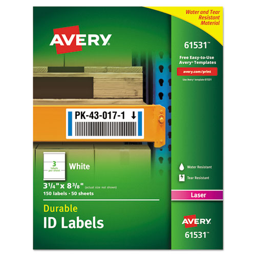 Durable Permanent ID Labels with TrueBlock Technology, Laser Printers, 3.25 x 8.38, White, 3/Sheet, 50 Sheets/Pack. Picture 1