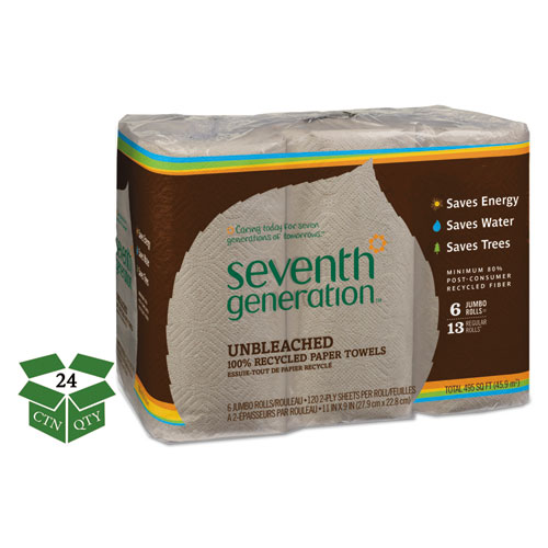 Natural Unbleached 100% Recycled Paper Kitchen Towel Rolls, 2-Ply, 11 x 9, 120/Roll, 24 Rolls/Carton. Picture 1