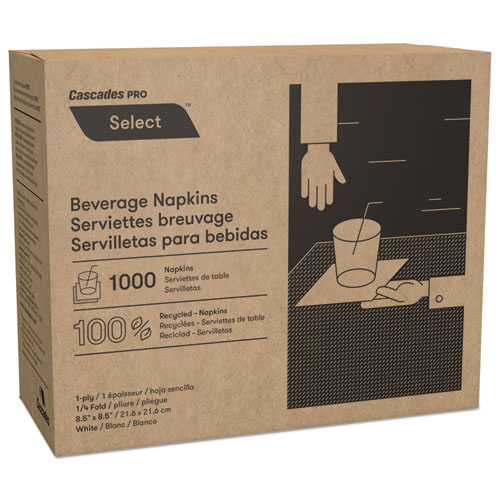 Select Beverage Napkins, 1 Ply, 8.5 x 8.5, White, 1,000/Pack, 4,000 Packs/Carton. Picture 1