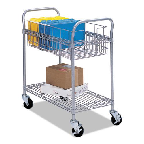 Dual-Purpose Wire Mail and Filing Cart, Metal, 1 Shelf, 1 Bin, 26.75" x 18.75" x 38.5", Metallic Gray. Picture 1