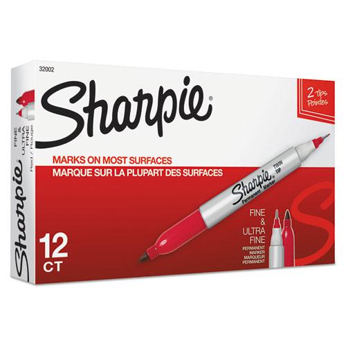Twin-Tip Permanent Marker, Extra-Fine/Fine Bullet Tips, Red, Dozen. Picture 2