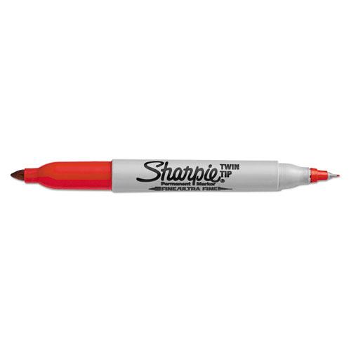 Twin-Tip Permanent Marker, Extra-Fine/Fine Bullet Tips, Red, Dozen. Picture 5
