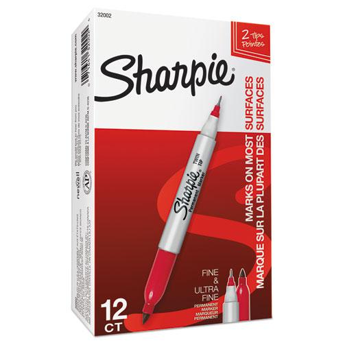 Twin-Tip Permanent Marker, Extra-Fine/Fine Bullet Tips, Red, Dozen. Picture 3