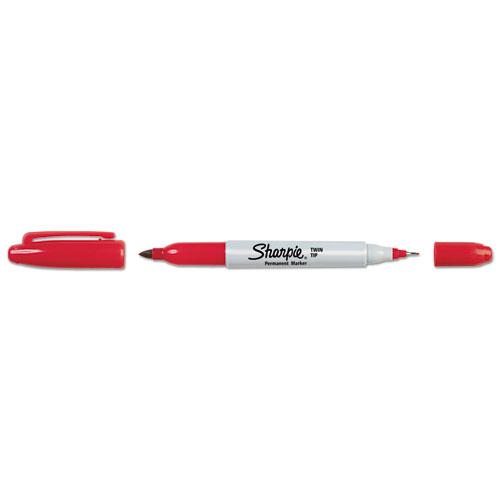 Twin-Tip Permanent Marker, Extra-Fine/Fine Bullet Tips, Red, Dozen. Picture 6