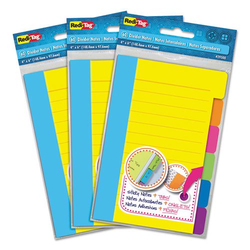 Divider Sticky Notes, 6-Tab Sets, Note Ruled, 4" x 6", Assorted Colors, 60 Sheets/Set, 3 Sets/Box. Picture 1