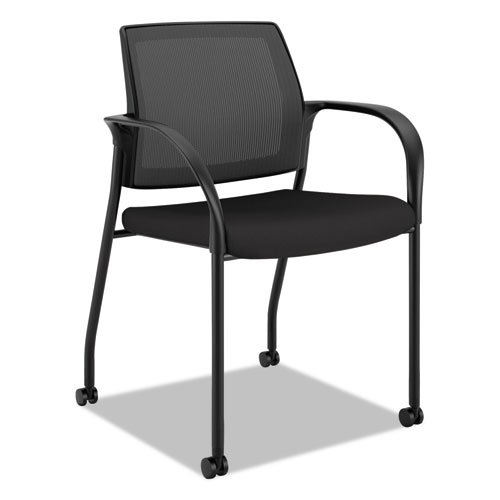 Ignition 2.0 4-Way Stretch Mesh Back Mobile Stacking Chair, Supports 300 lb, 18" Seat Height, Black Seat/Back, Black Base. Picture 1