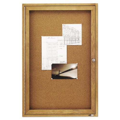 Enclosed Indoor Cork Bulletin Board with One Hinged Door, 24 x 36, Tan Surface, Oak Fiberboard Frame. Picture 2