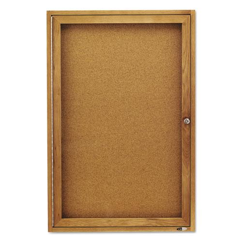 Enclosed Indoor Cork Bulletin Board with One Hinged Door, 24 x 36, Tan Surface, Oak Fiberboard Frame. Picture 3